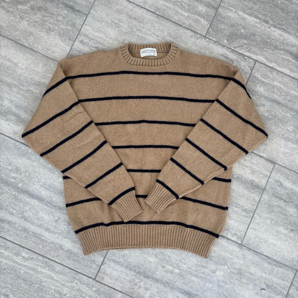 Classic Tan and Black Striped Men's Crewneck Sweater‎